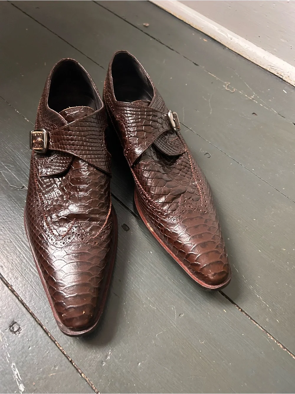 J. Bradford Brown Exotic Snakeskin Monk Strap Dress Shoes Made in Italy EU 45